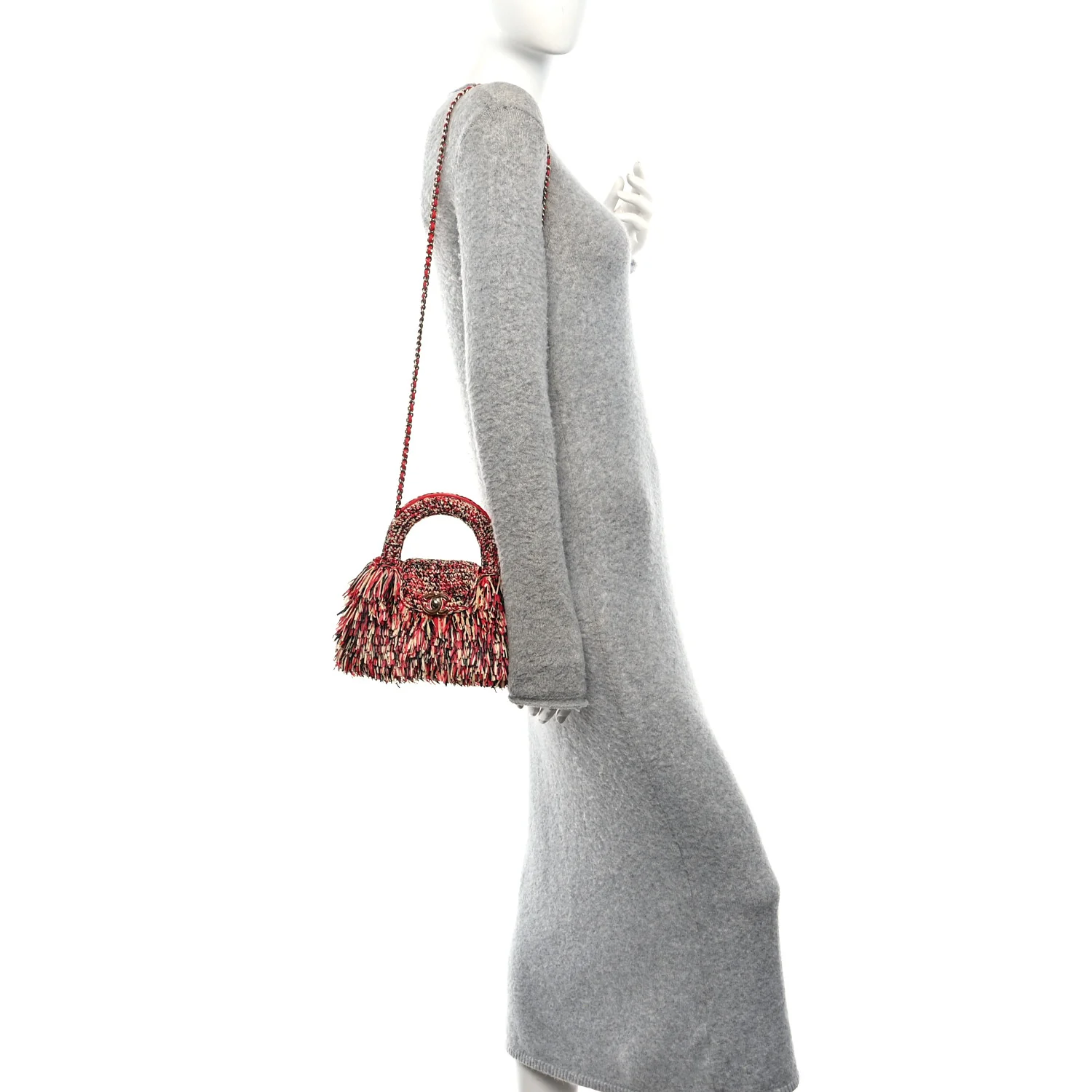 Raffia Fringe Nano Kelly Shopper Red Beige Black - Image 2