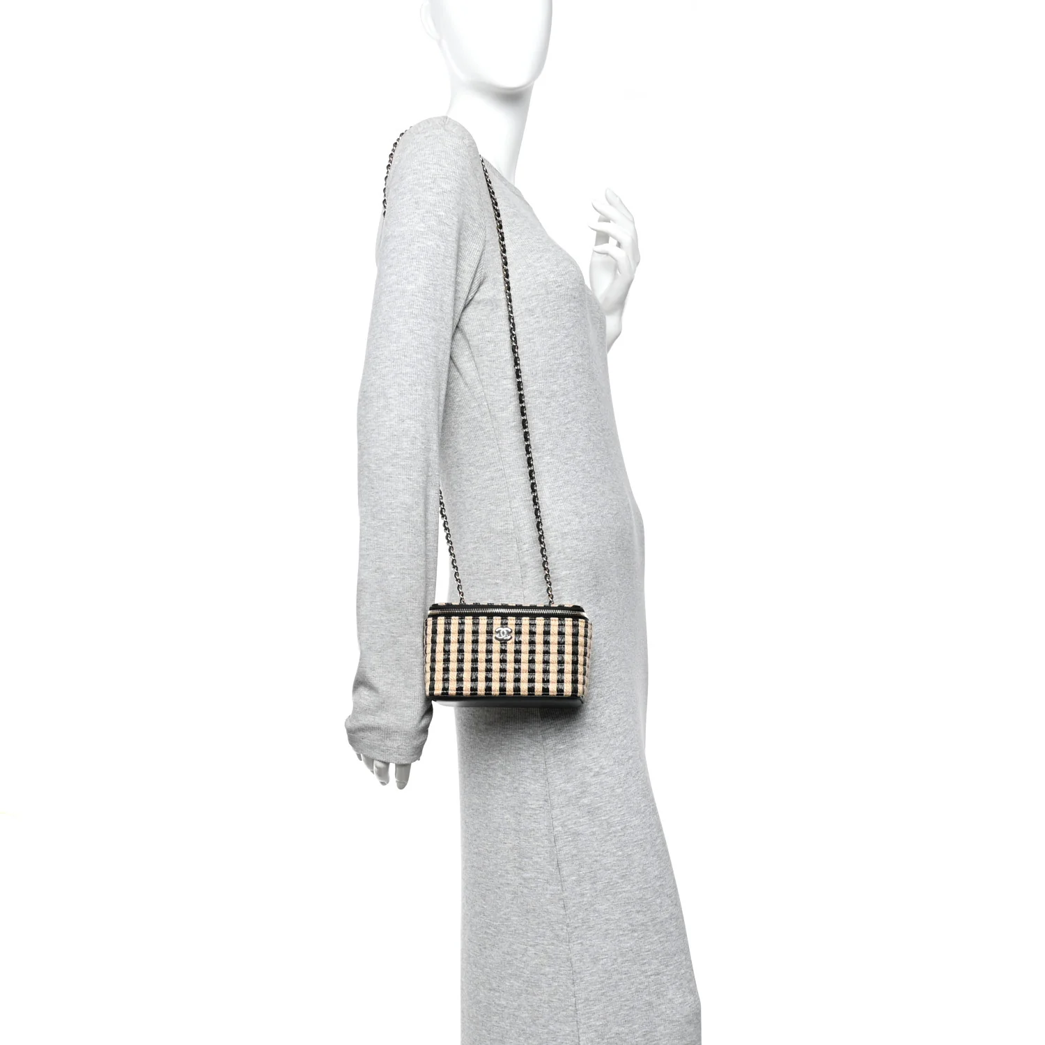 Raffia Jute Striped Small Vanity Case With Chain Black Beige - Image 2