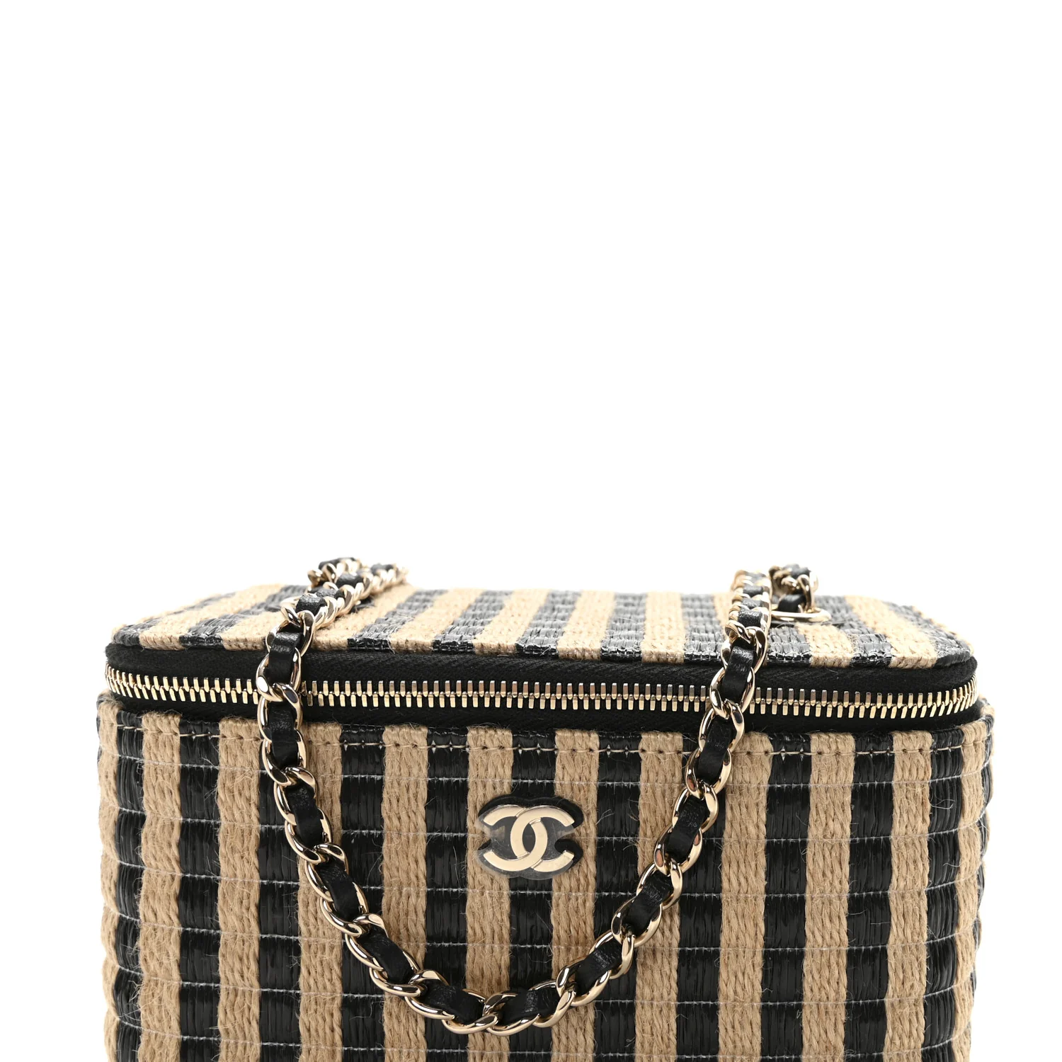 Raffia Jute Striped Small Vanity Case With Chain Black Beige - Image 8