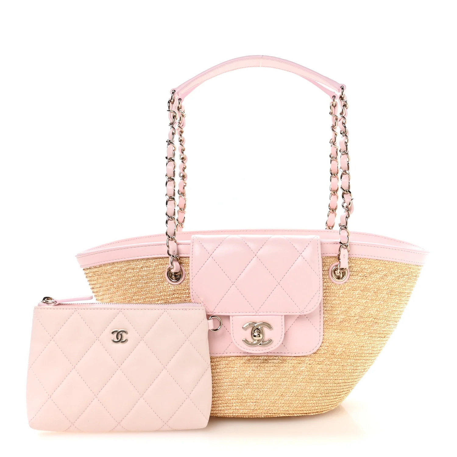 Raffia Lambskin Small Wicker Tote Beige Light Pink - Image 3