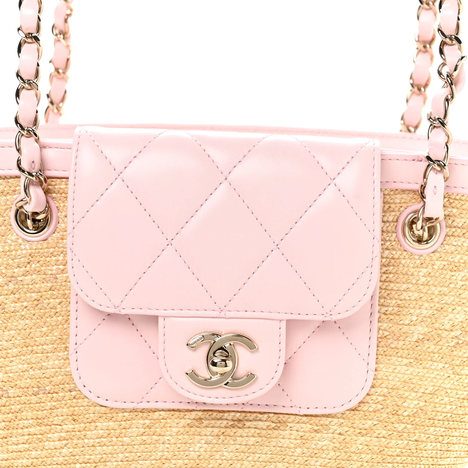 Raffia Lambskin Small Wicker Tote Beige Light Pink - Image 9