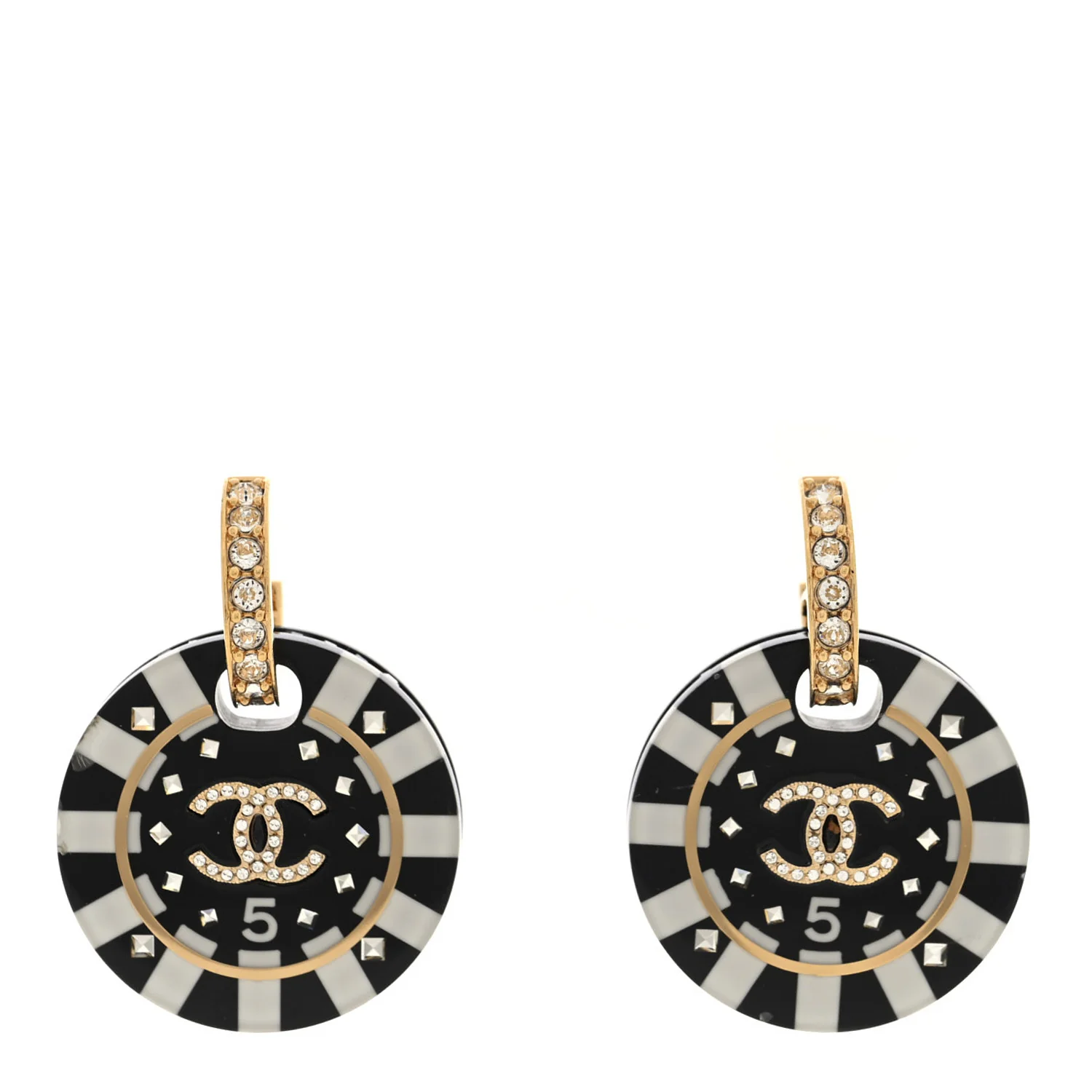 Resin Crystal CC Round Poker Chip Drop Earrings Black White Gold