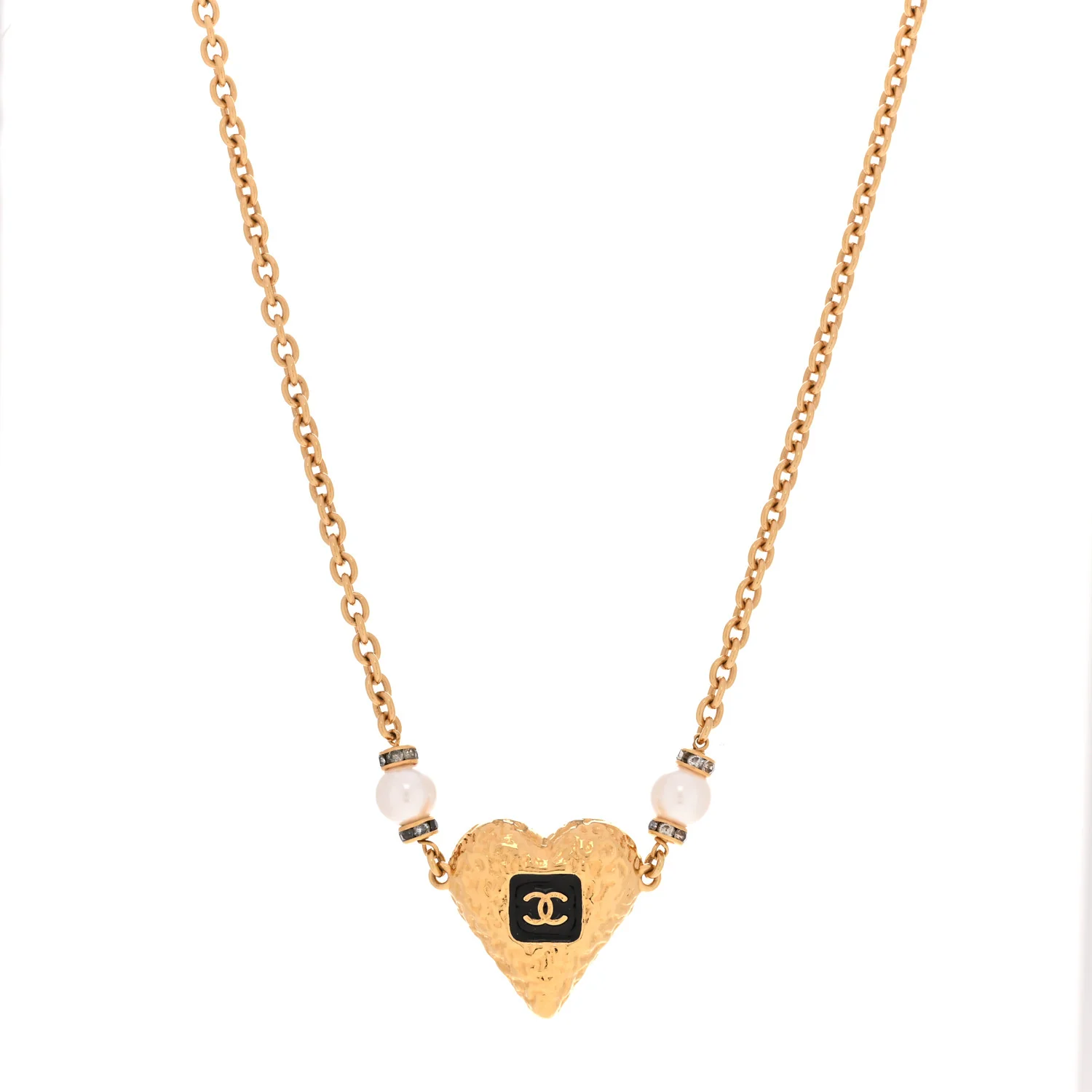 Resin Crystal Pearl Chain Heart CC Pendant Choker Necklace Black White Gold