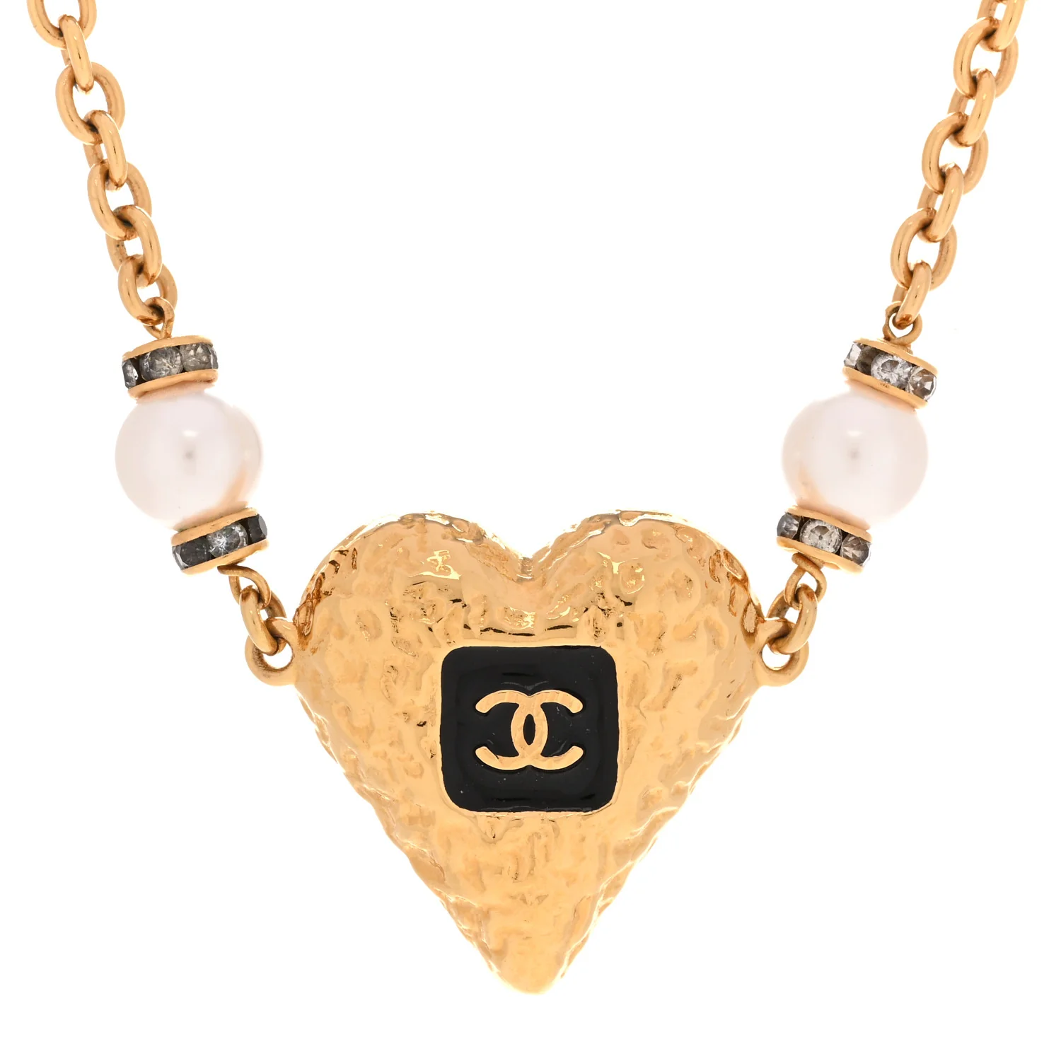Resin Crystal Pearl Chain Heart CC Pendant Choker Necklace Black White Gold - Image 4