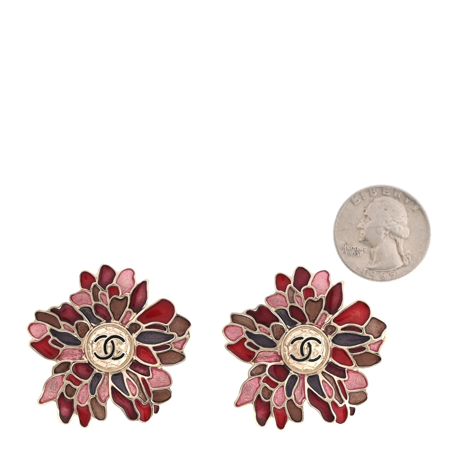 Resin Metal CC Camellia Earrings Gold Pink Multicolor - Image 6
