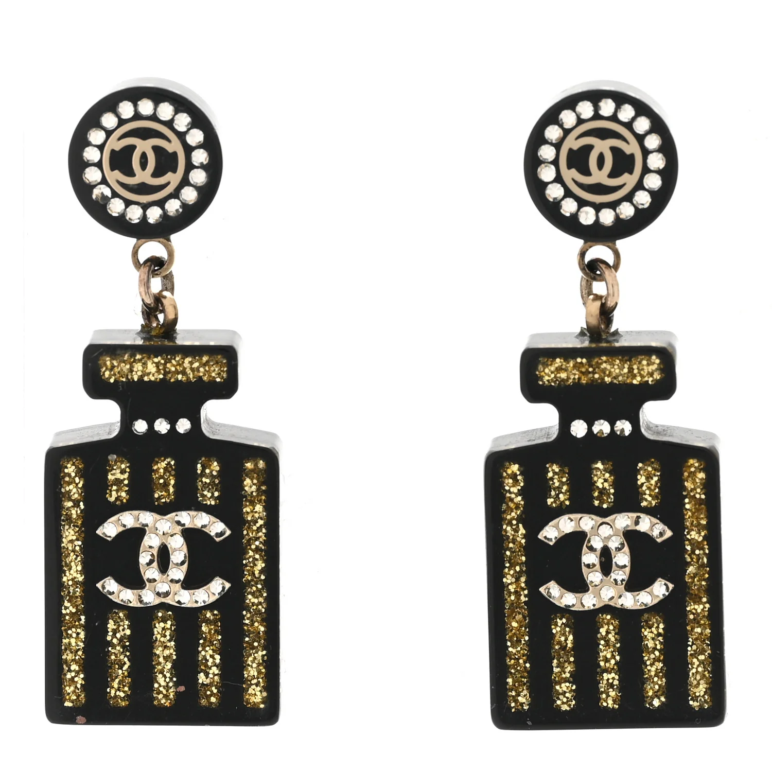 Resin Strass Perfume Bottle CC Earrings Black Gold