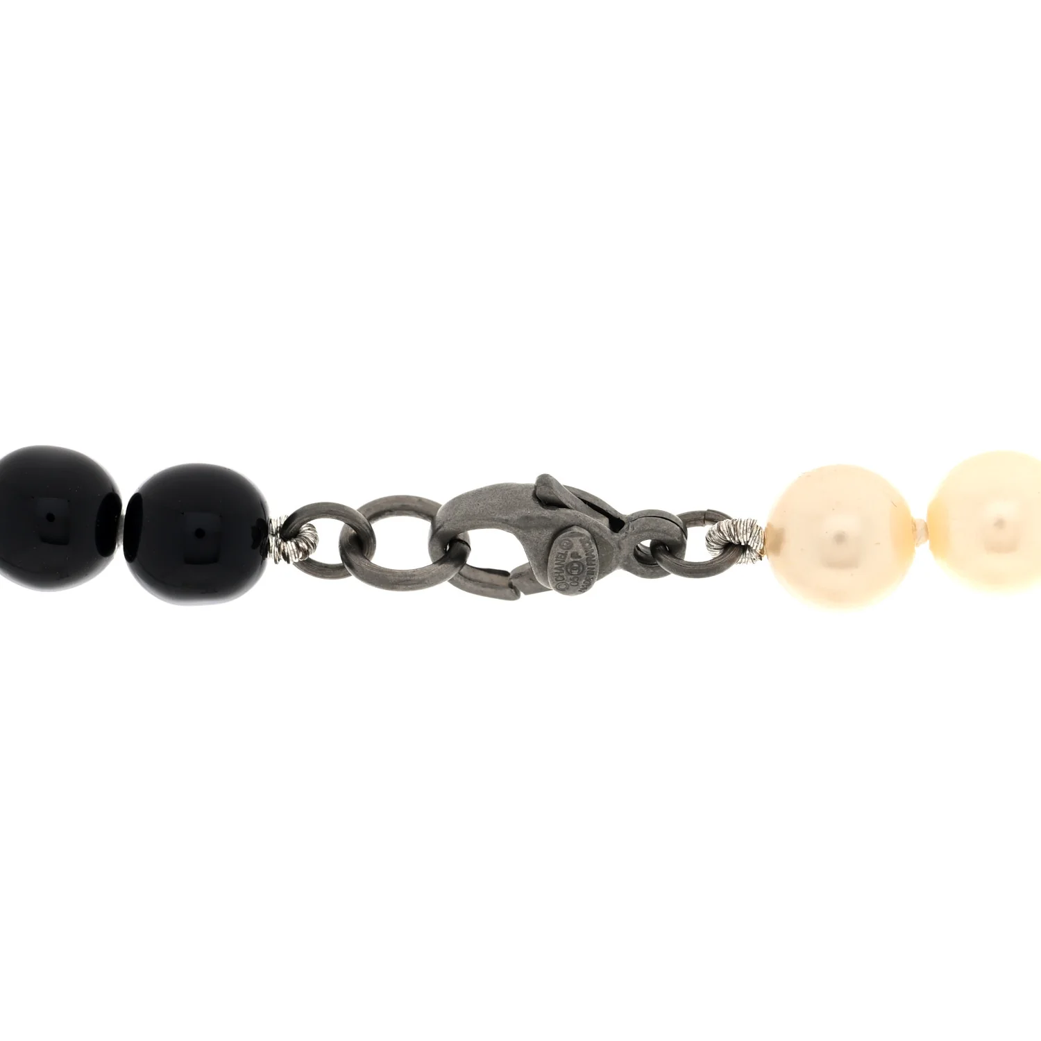 Ruthenium Pearl Beaded Enamel CC Long Necklace White Black - Image 4
