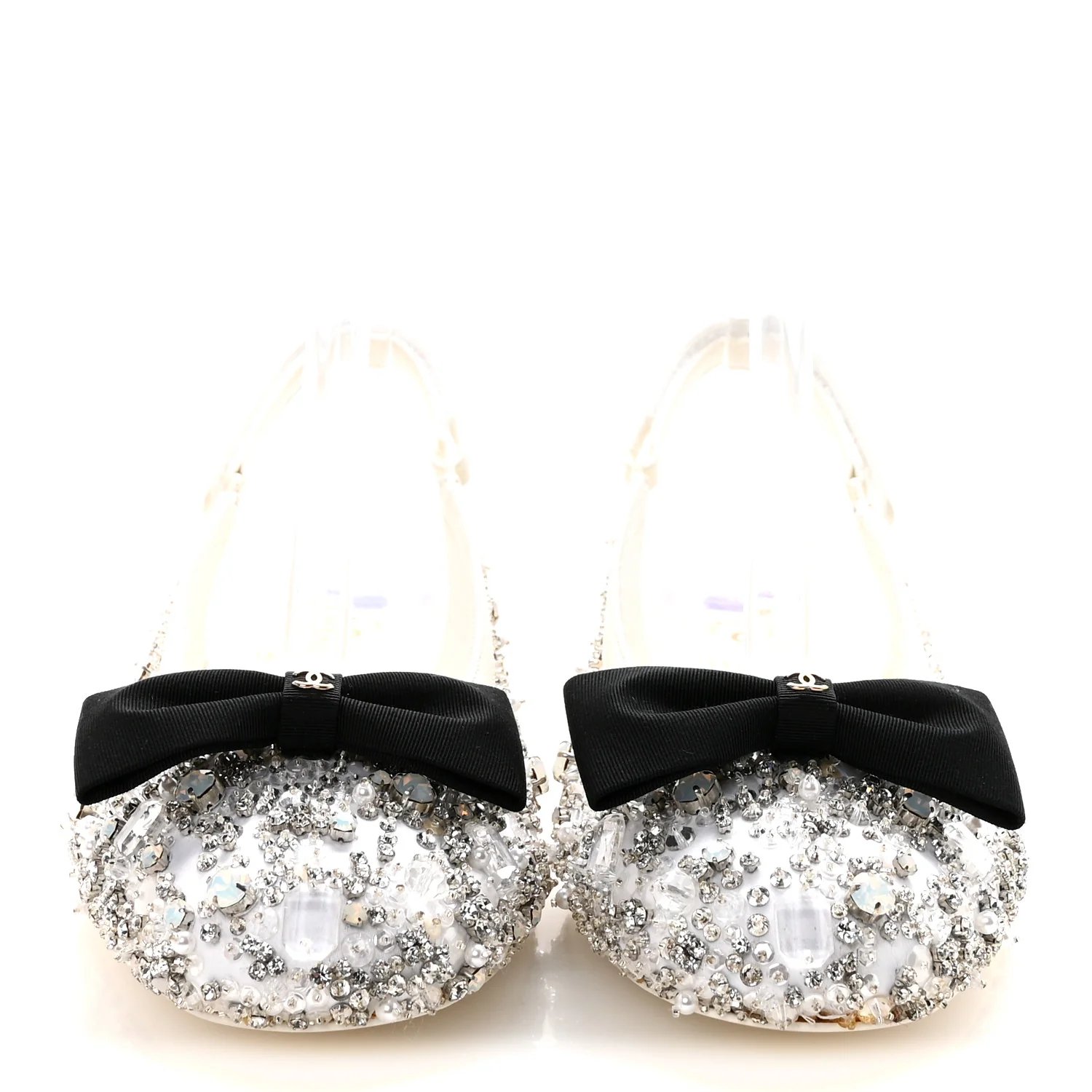Satin Crystal Lambskin Grosgrain Bow CC Slingback Flats 38.5 White Black - Image 3