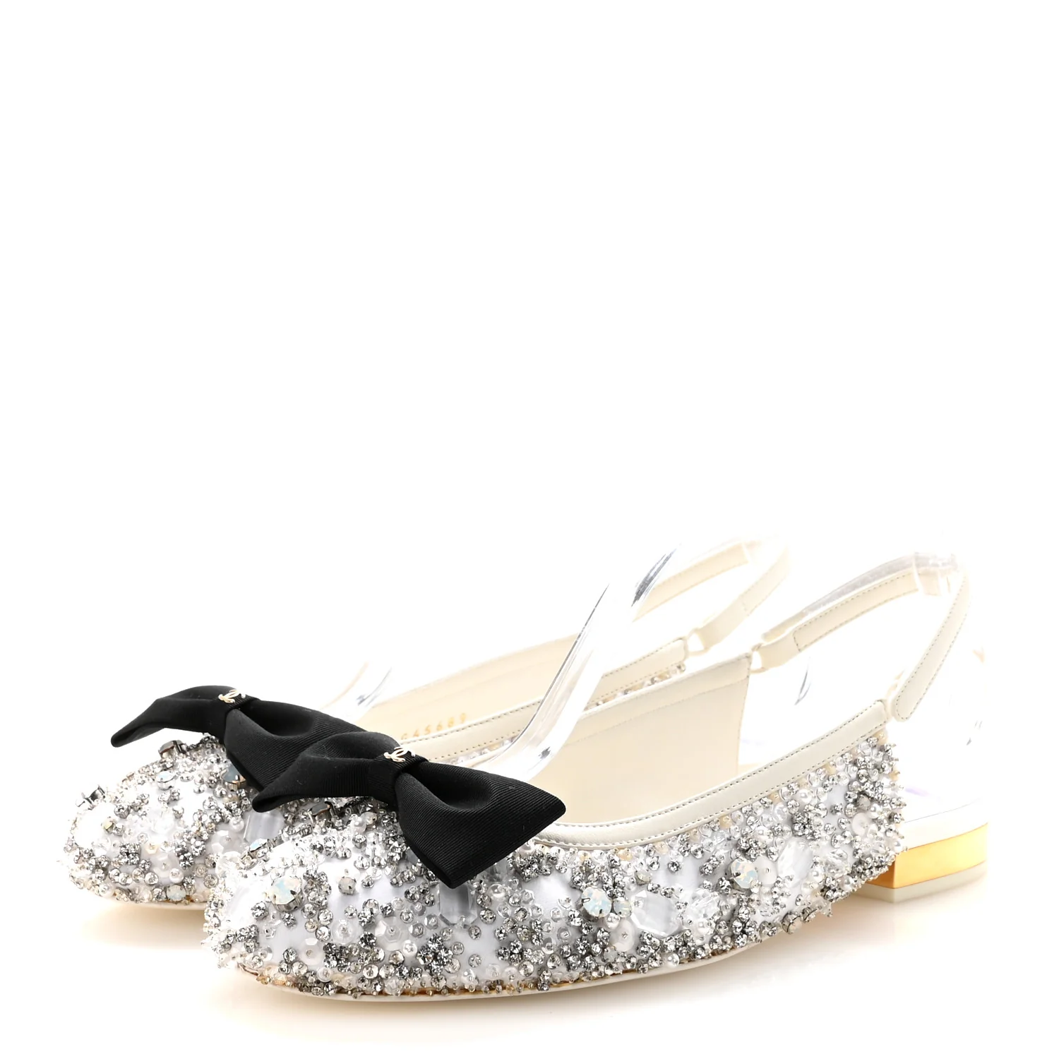 Satin Crystal Lambskin Grosgrain Bow CC Slingback Flats 38.5 White Black - Image 4