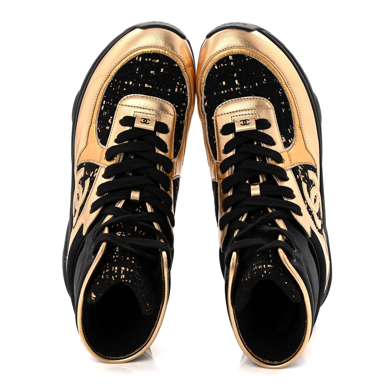 Satin Lambskin Fabric Tweed CC High Top Sneakers 39 Black Gold - Image 2