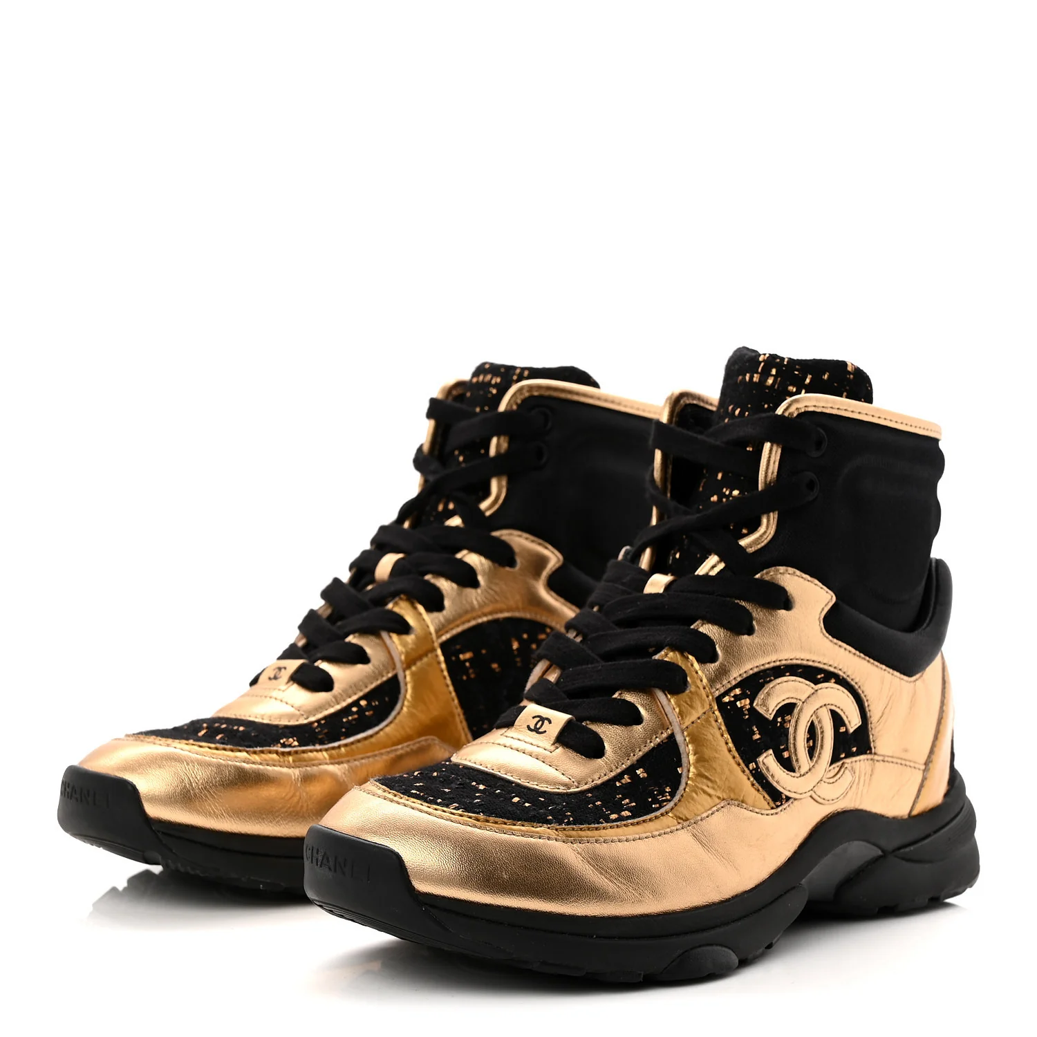 Satin Lambskin Fabric Tweed CC High Top Sneakers 39 Black Gold - Image 4