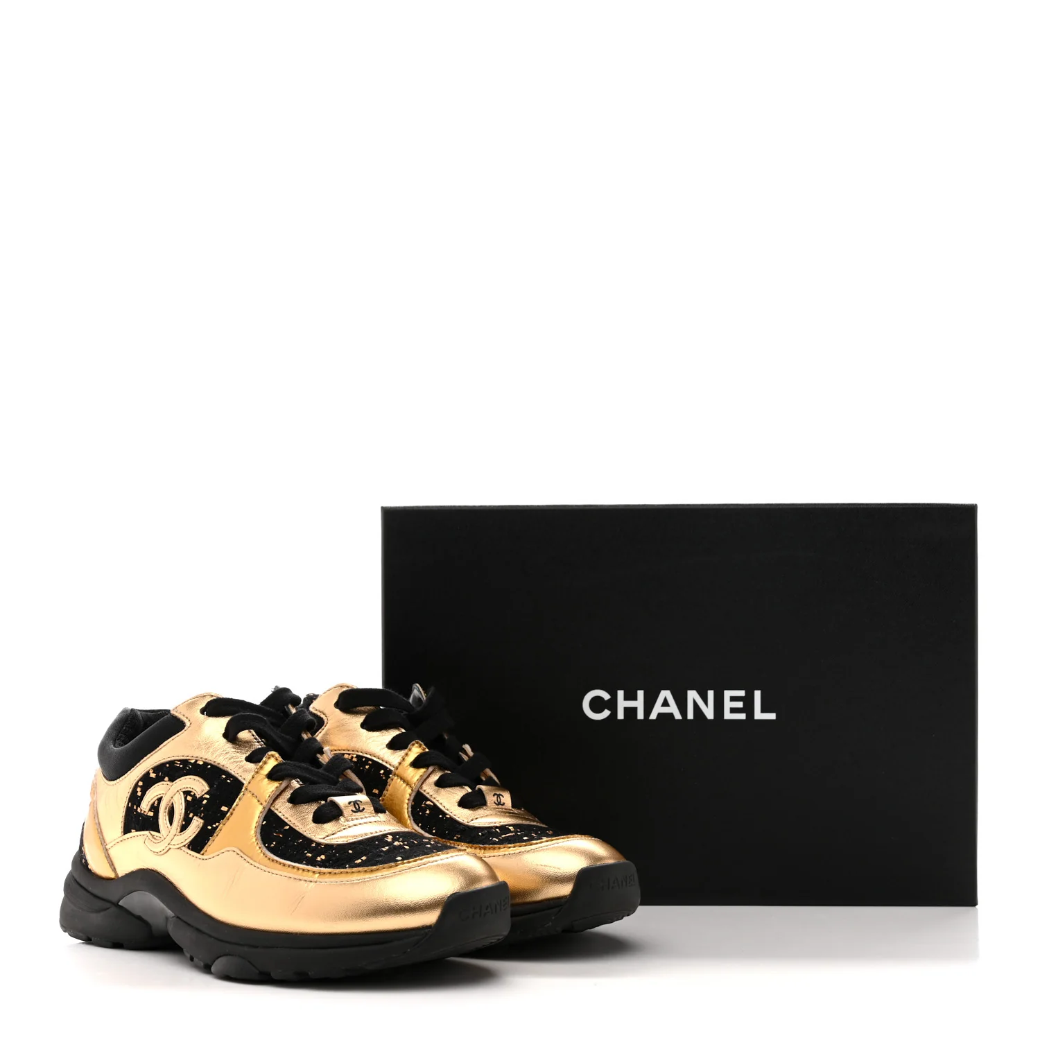 Satin Lambskin Fabric Tweed CC Sneakers 36.5 Gold Black - Image 10