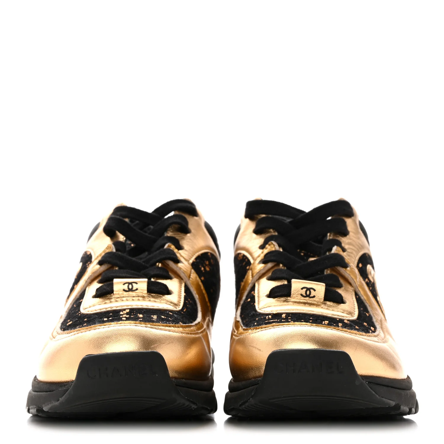Satin Lambskin Fabric Tweed CC Sneakers 36.5 Gold Black - Image 3