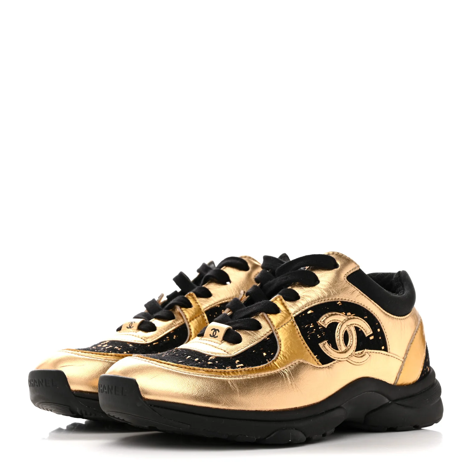Satin Lambskin Fabric Tweed CC Sneakers 36.5 Gold Black - Image 4