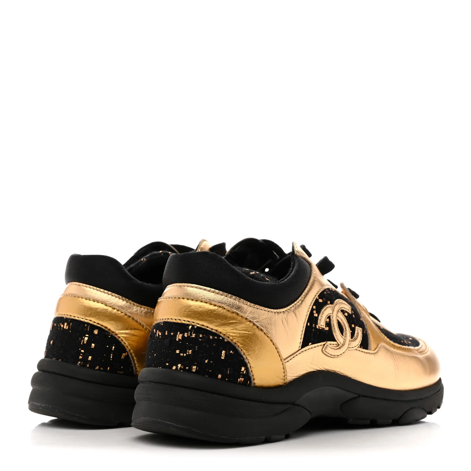 Satin Lambskin Fabric Tweed CC Sneakers 36.5 Gold Black - Image 5