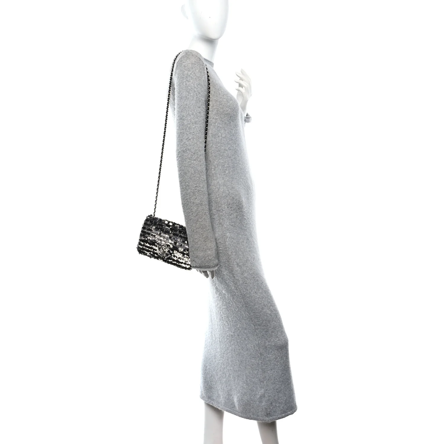 Sequin Camellia Small Single Flap Silver Black - Image 2