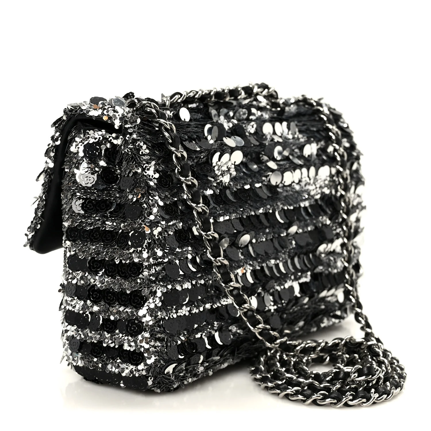Sequin Camellia Small Single Flap Silver Black - Image 3