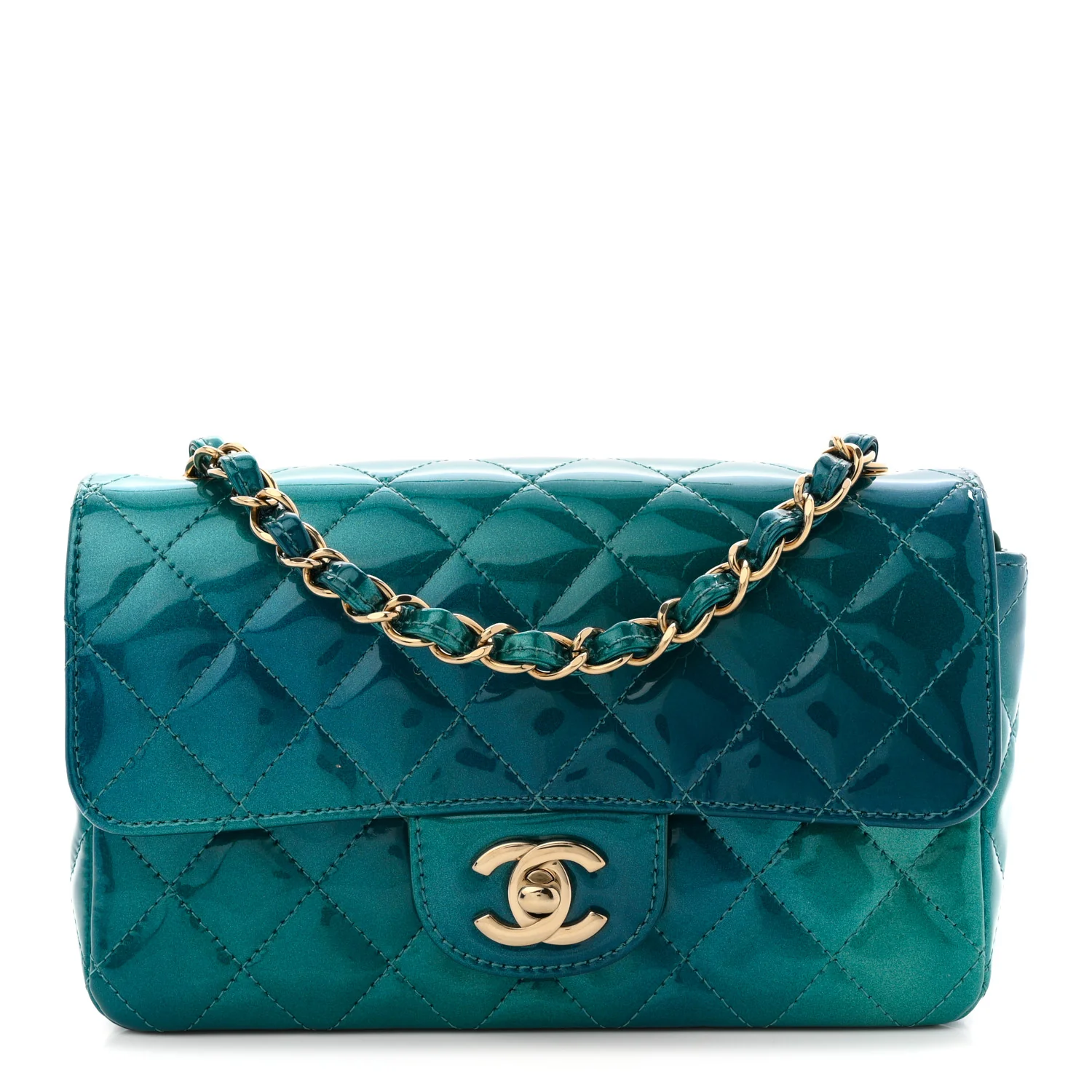 Shaded Patent Calfskin Quilted Mini Rectangular Flap Green Blue