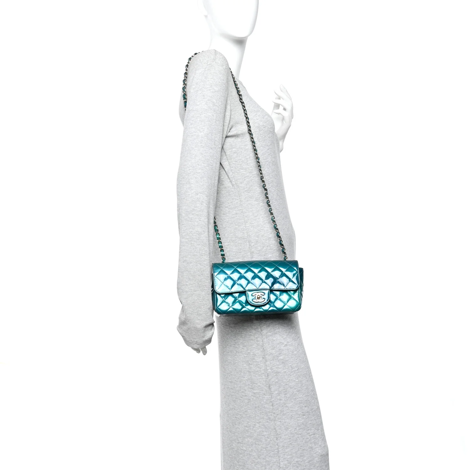 Shaded Patent Calfskin Quilted Mini Rectangular Flap Green Blue - Image 2