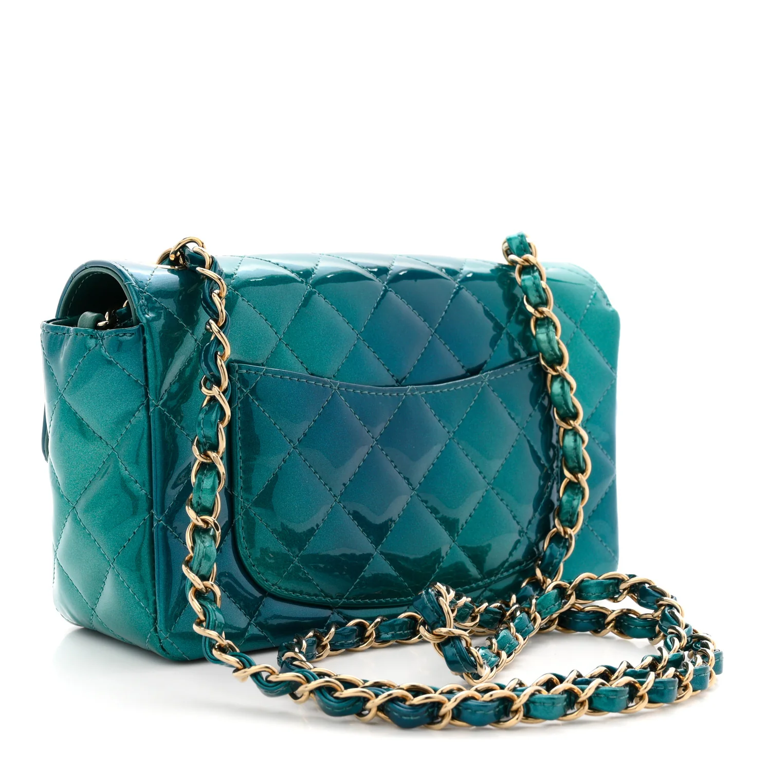 Shaded Patent Calfskin Quilted Mini Rectangular Flap Green Blue - Image 3