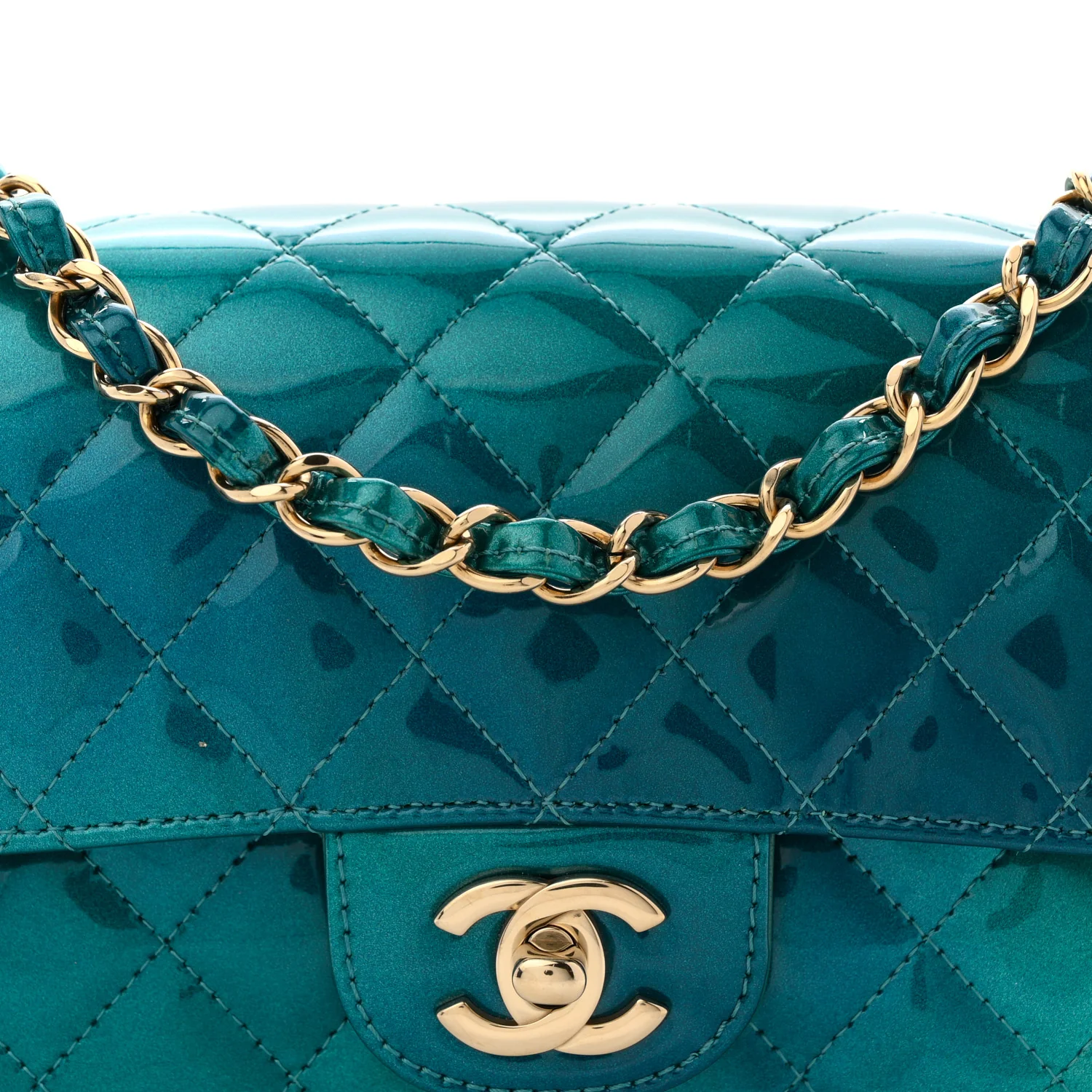 Shaded Patent Calfskin Quilted Mini Rectangular Flap Green Blue - Image 8