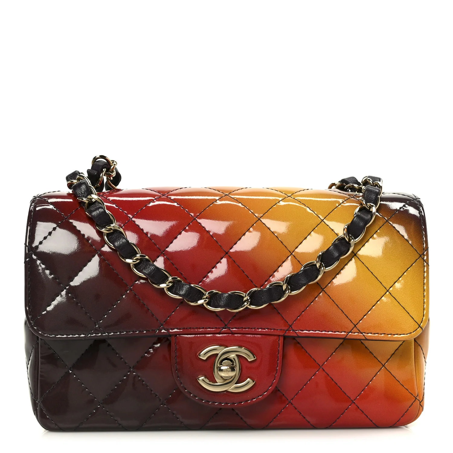 Shaded Patent Calfskin Quilted Mini Rectangular Flap Red Yellow Dark Purple
