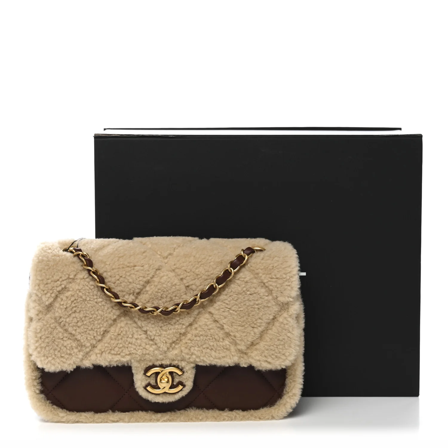 Shearling Lambskin Quilted Furry Coco Flap Dark Brown Beige - Image 11