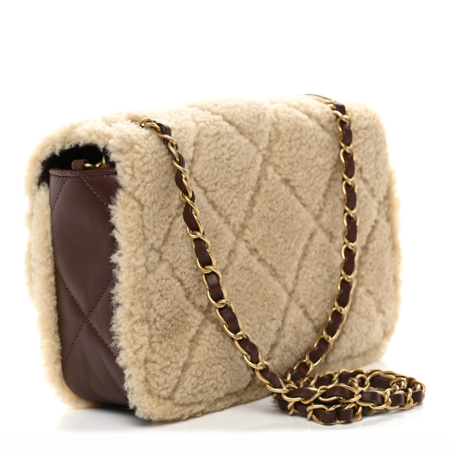 Shearling Lambskin Quilted Furry Coco Flap Dark Brown Beige - Image 3