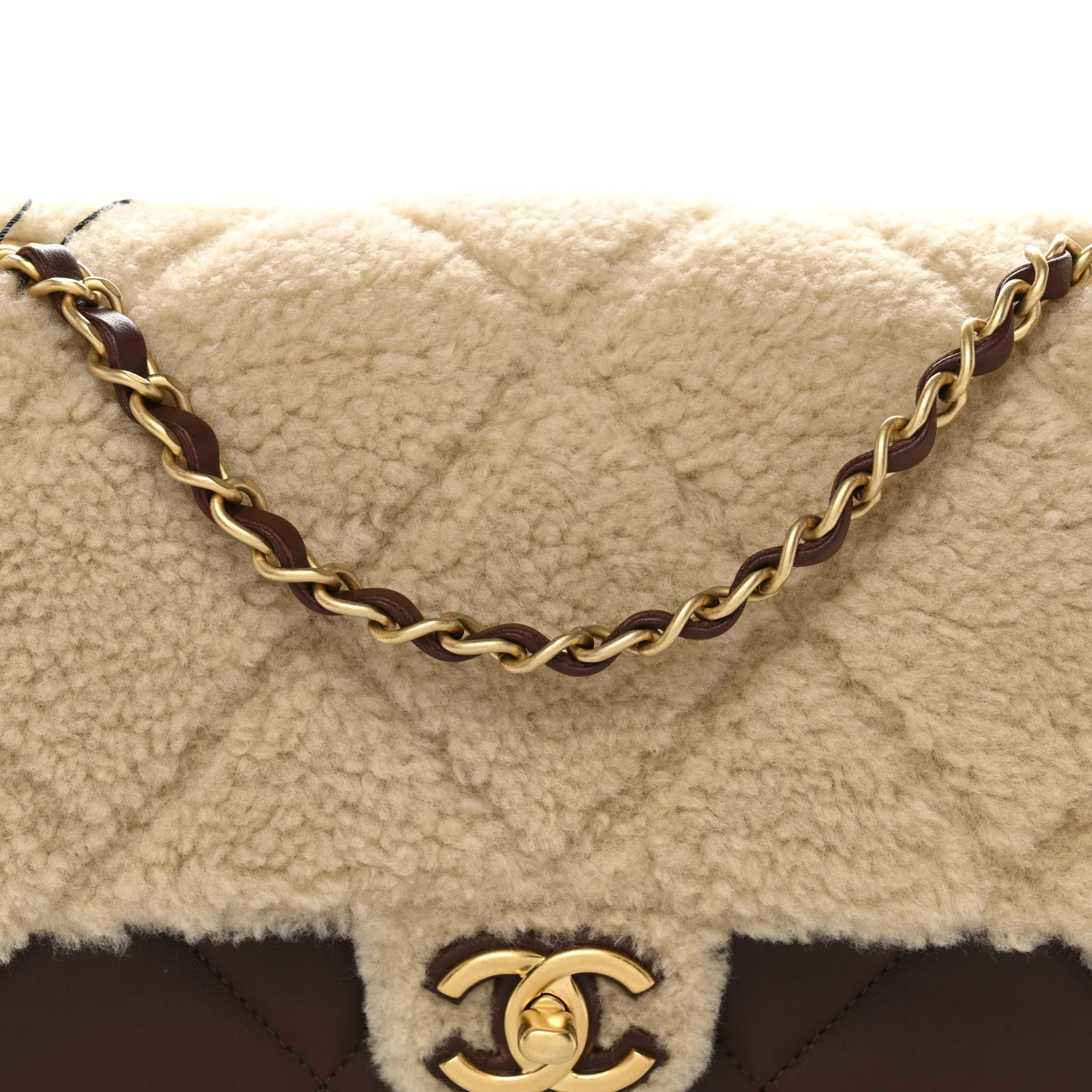 Shearling Lambskin Quilted Furry Coco Flap Dark Brown Beige - Image 8