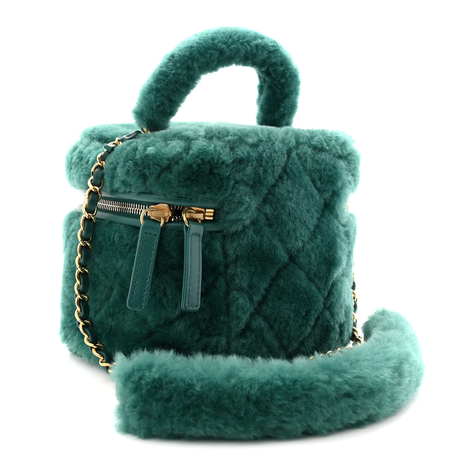 Shearling Lambskin Quilted Small Vanity Case Green - Image 4