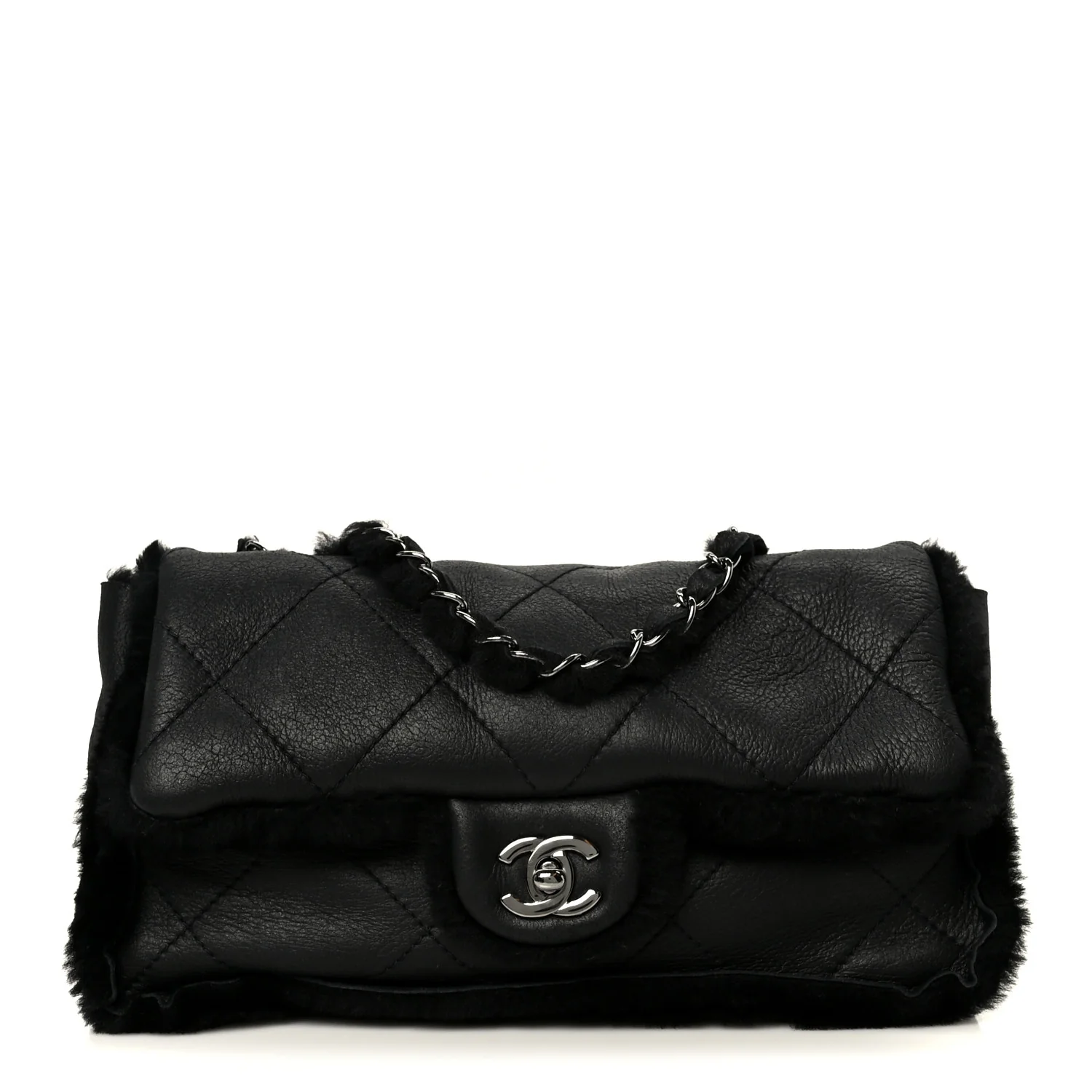 Shearling Quilted Medium Single Flap Black
