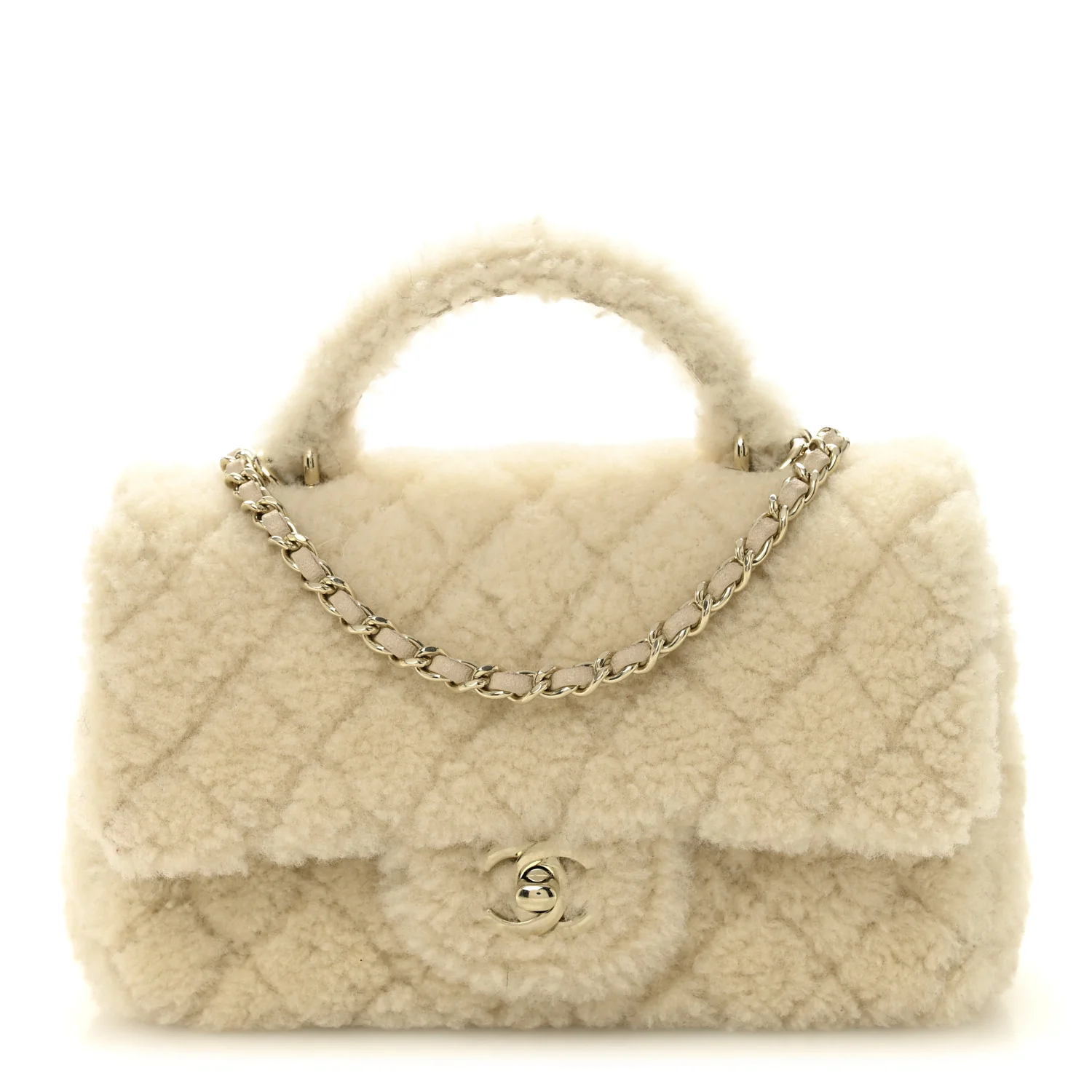 Shearling Quilted Mini Top Handle Rectangular Flap Ecru