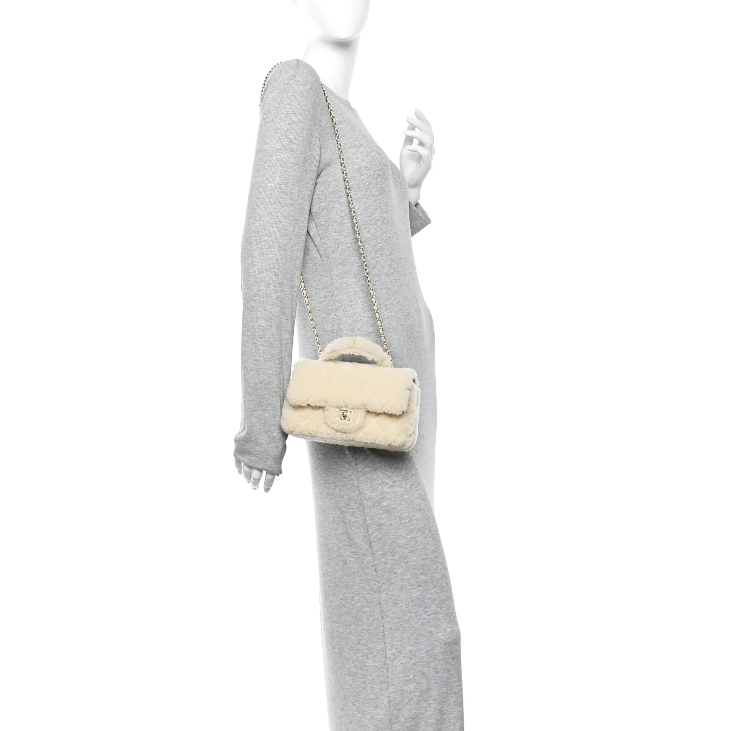 Shearling Quilted Mini Top Handle Rectangular Flap Ecru - Image 2