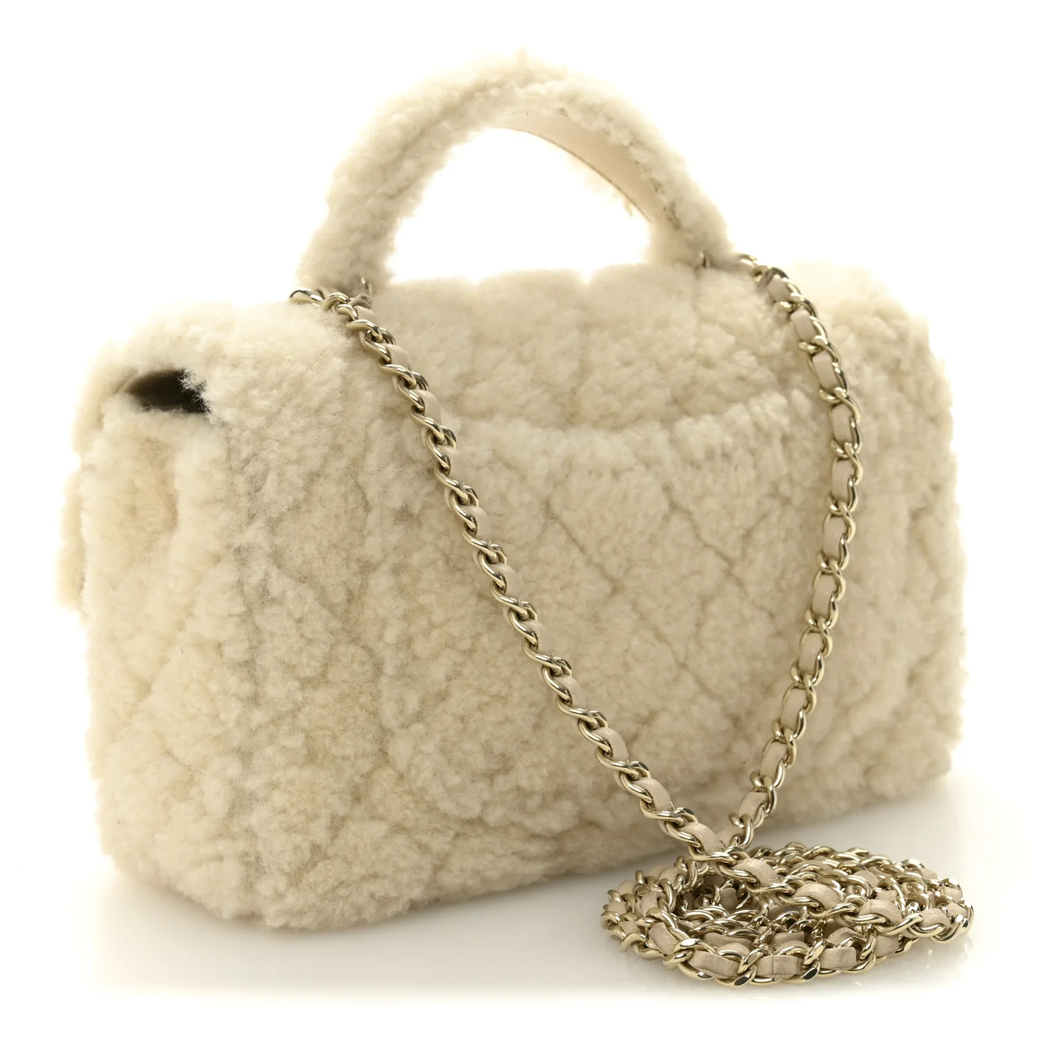 Shearling Quilted Mini Top Handle Rectangular Flap Ecru - Image 3