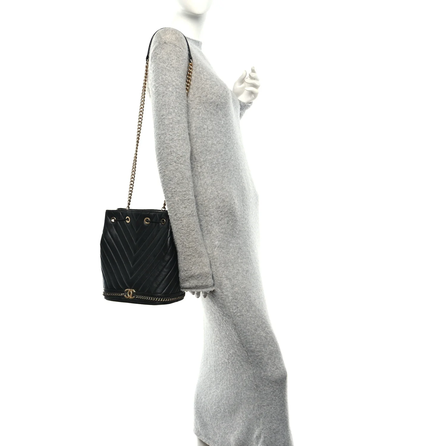 Sheepskin Chevron Quilted Drawstring Bag Black - Image 2