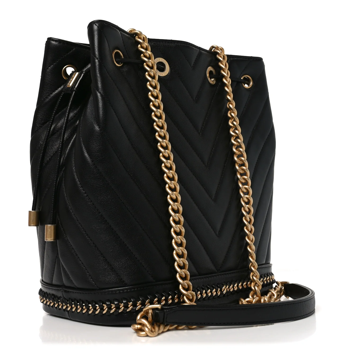 Sheepskin Chevron Quilted Drawstring Bag Black - Image 3