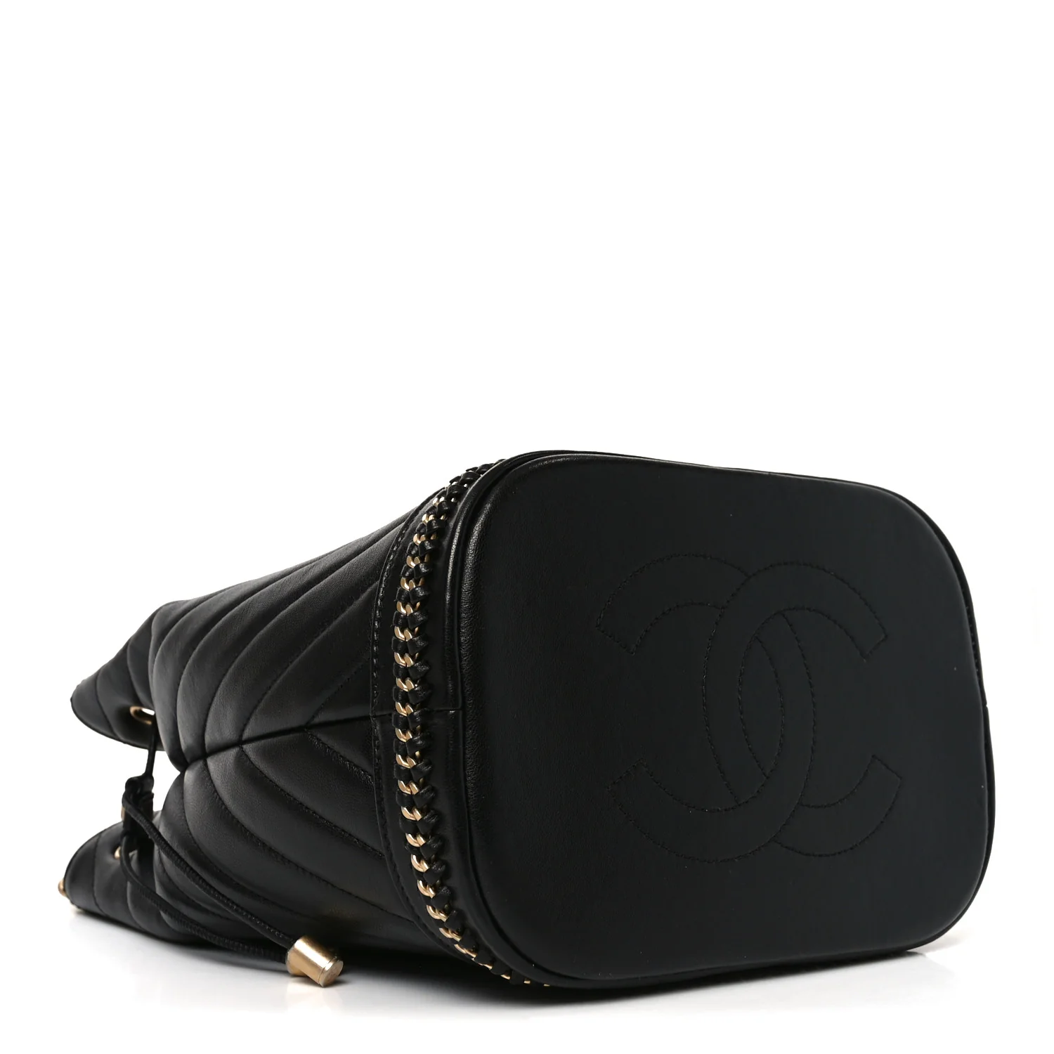 Sheepskin Chevron Quilted Drawstring Bag Black - Image 4