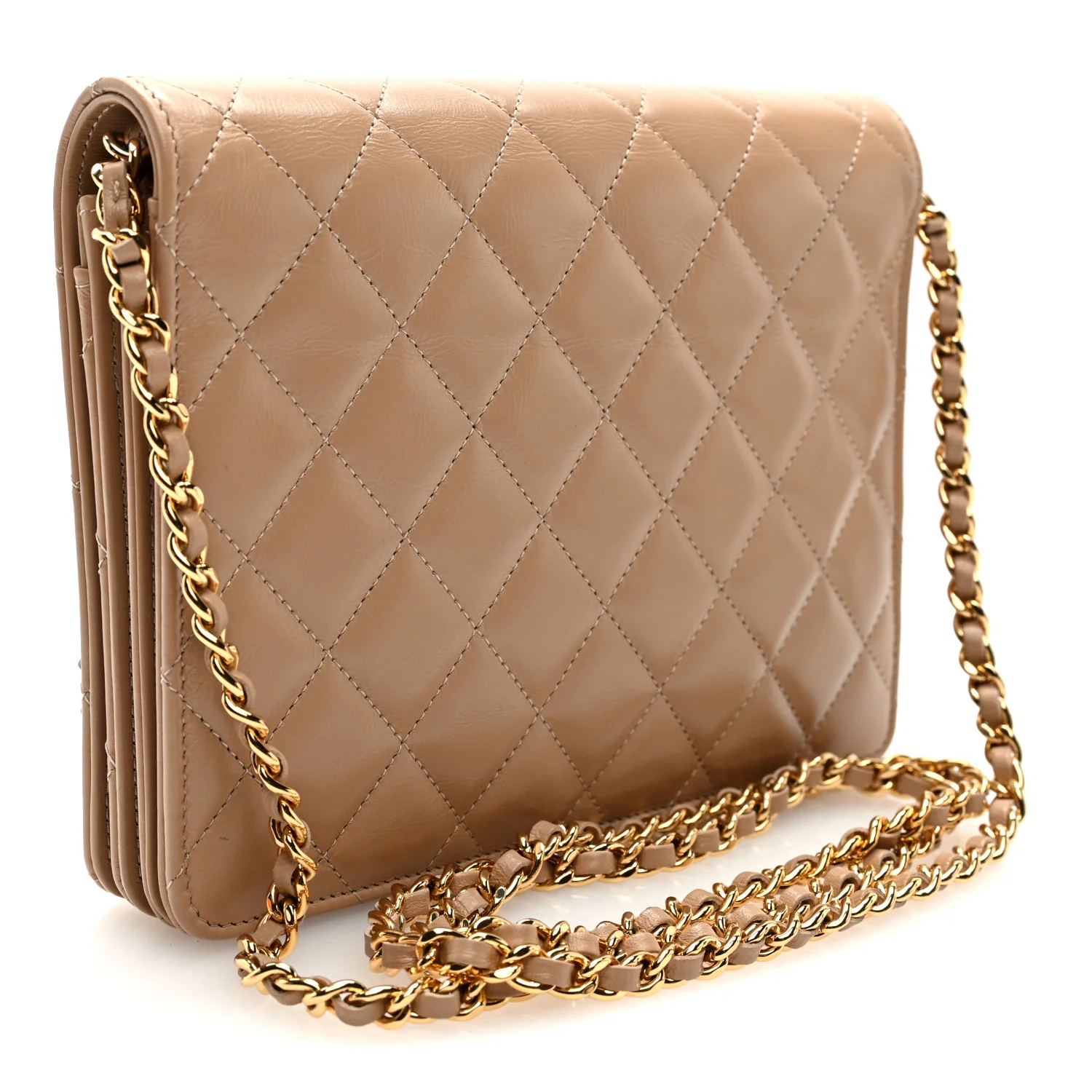 Shiny Aged Calfskin Quilted Clutch With Chain Dark Beige - Image 3