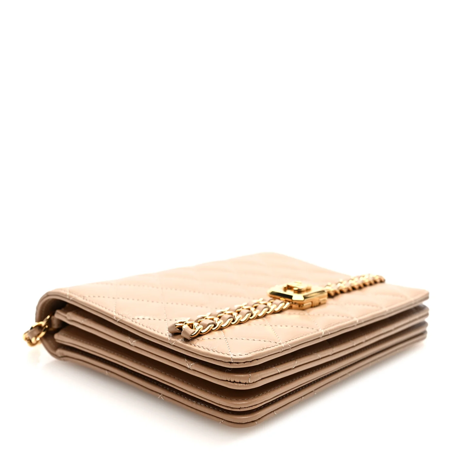 Shiny Aged Calfskin Quilted Clutch With Chain Dark Beige - Image 4