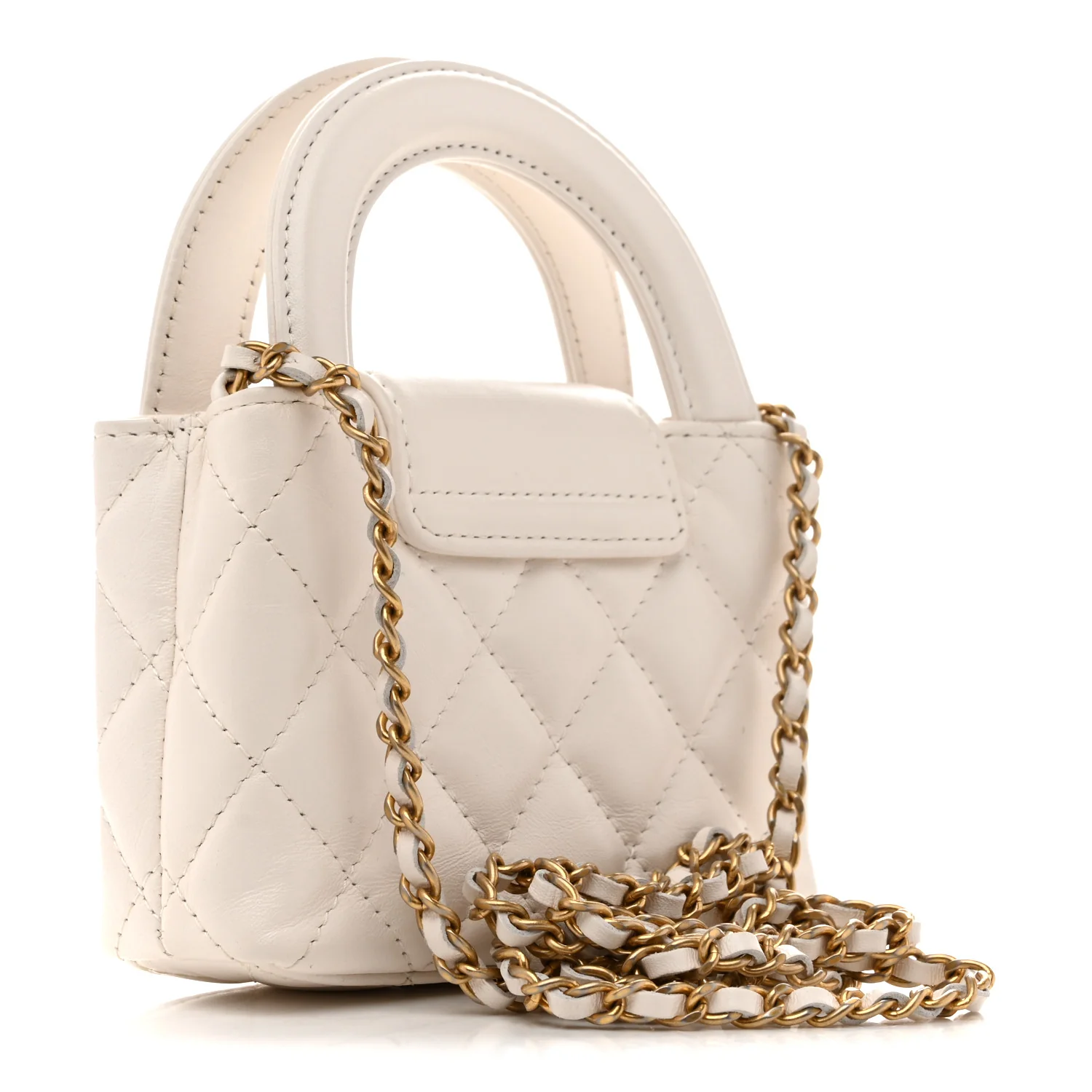 Shiny Aged Calfskin Quilted Mini Nano Kelly Shopper White - Image 3