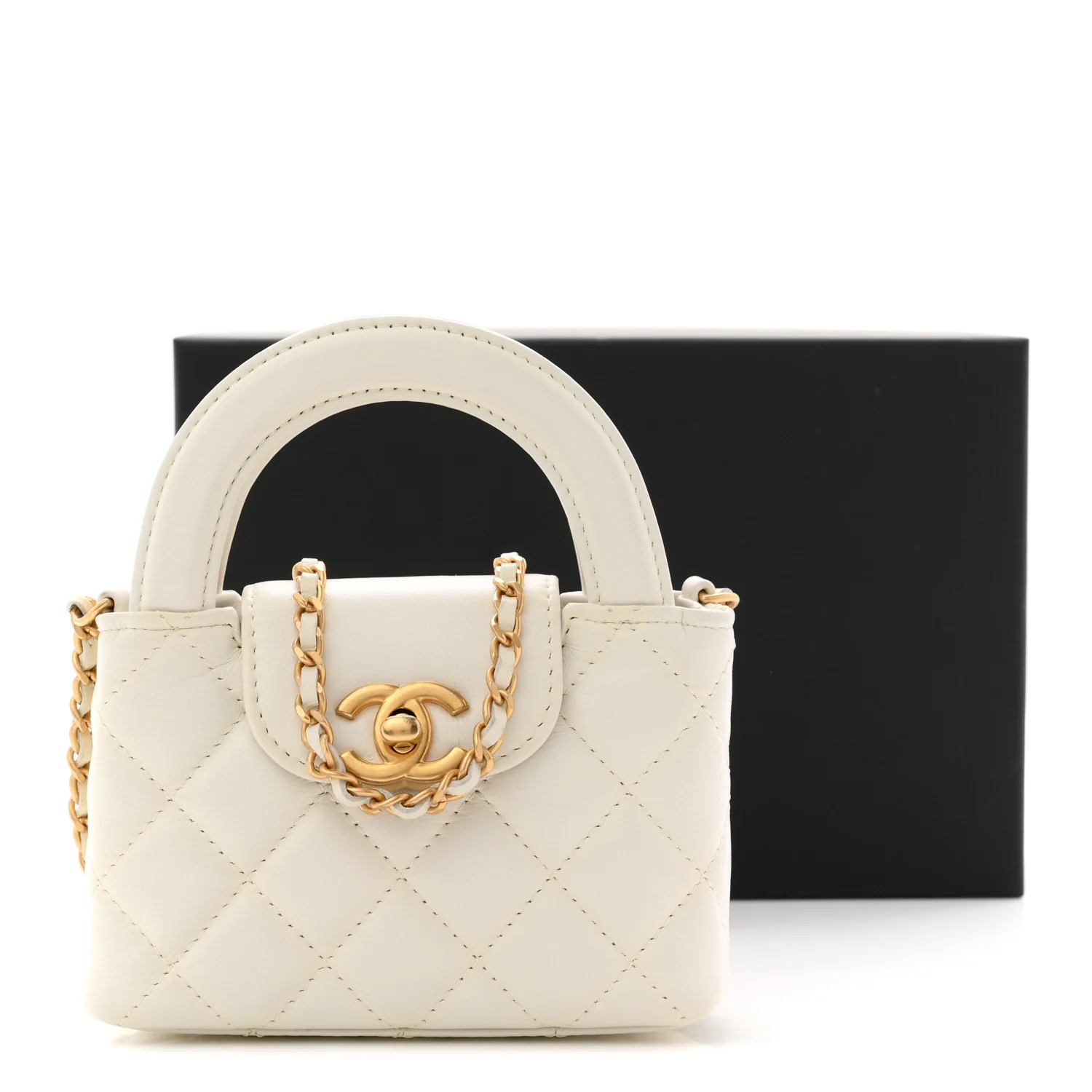 Shiny Aged Calfskin Quilted Mini Nano Kelly Shopper White - Image 11