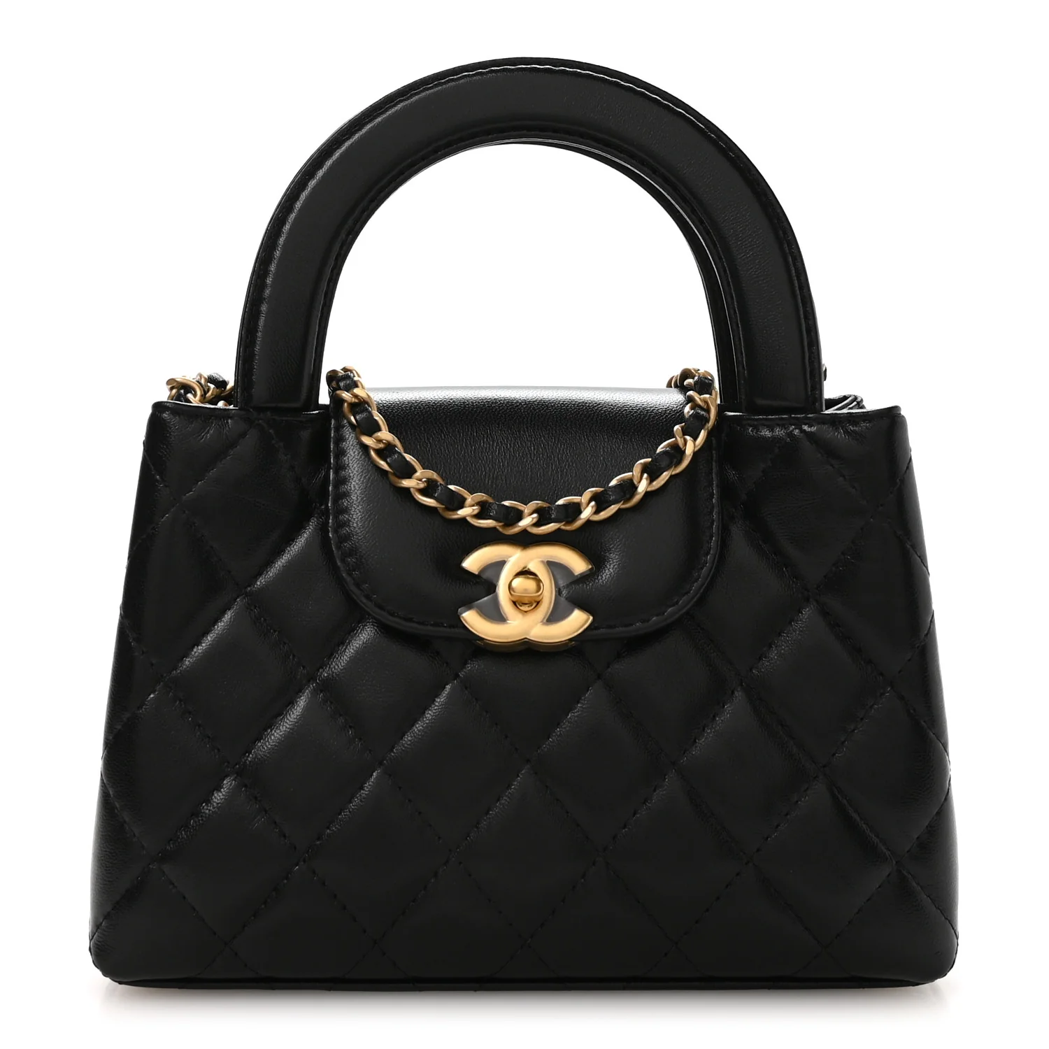 Shiny Aged Calfskin Quilted Nano Kelly Shopper Black