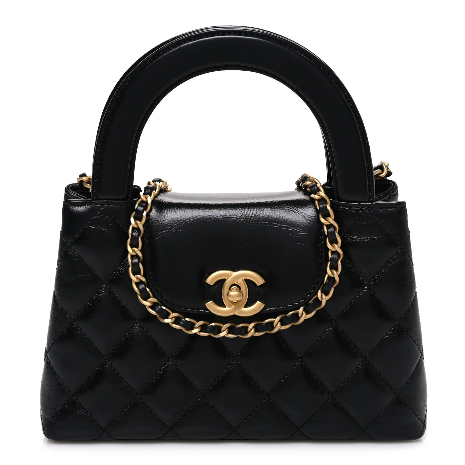 Shiny Aged Calfskin Quilted Nano Kelly Shopper Black
