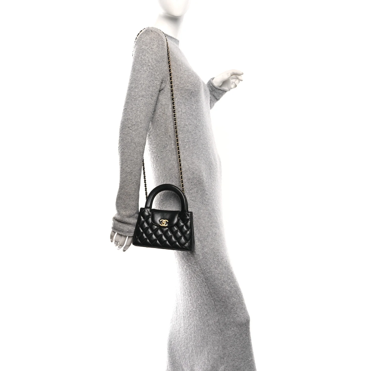 Shiny Aged Calfskin Quilted Nano Kelly Shopper Black - Image 2
