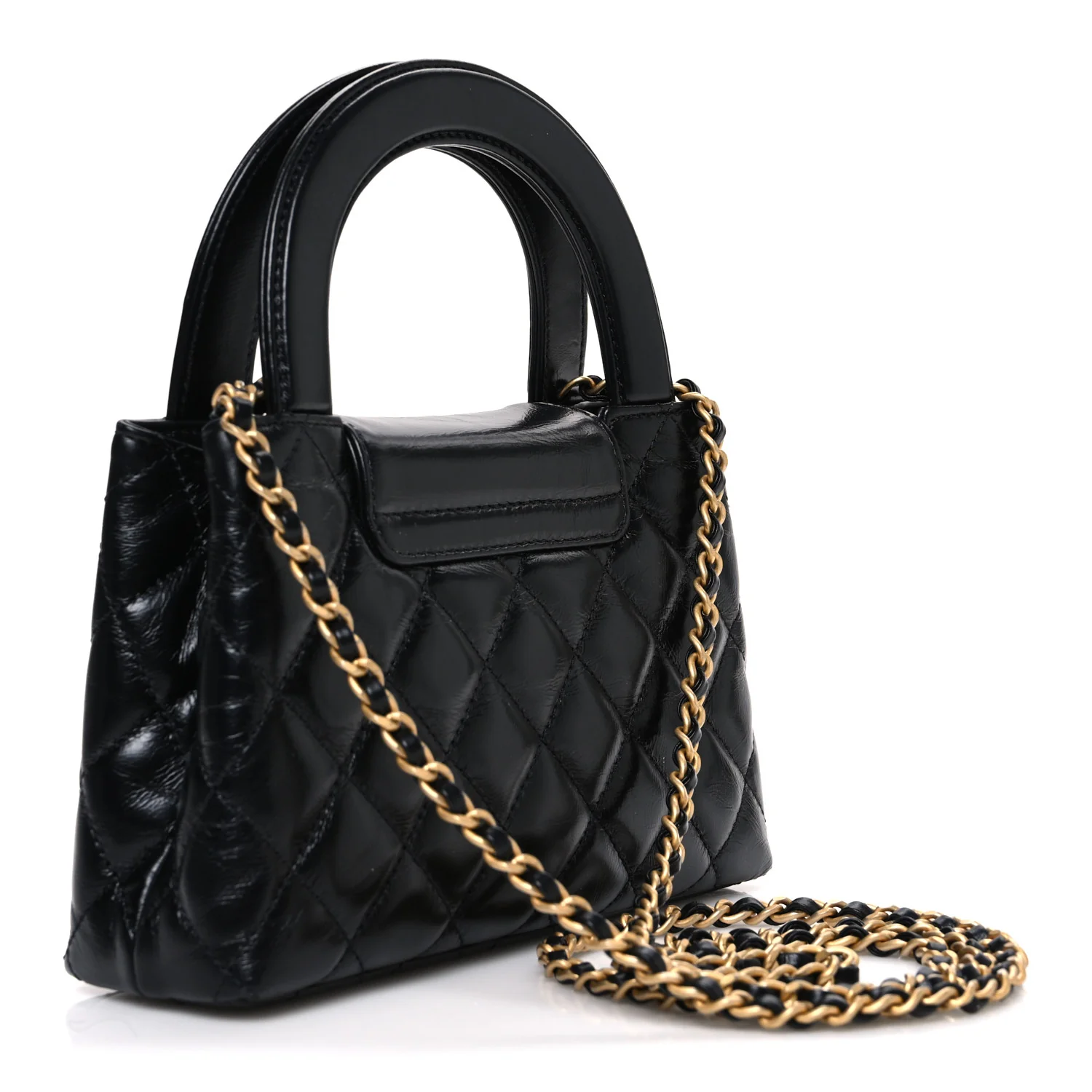 Shiny Aged Calfskin Quilted Nano Kelly Shopper Black - Image 3