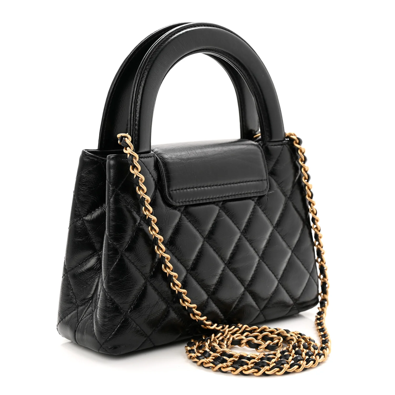Shiny Aged Calfskin Quilted Nano Kelly Shopper Black - Image 3