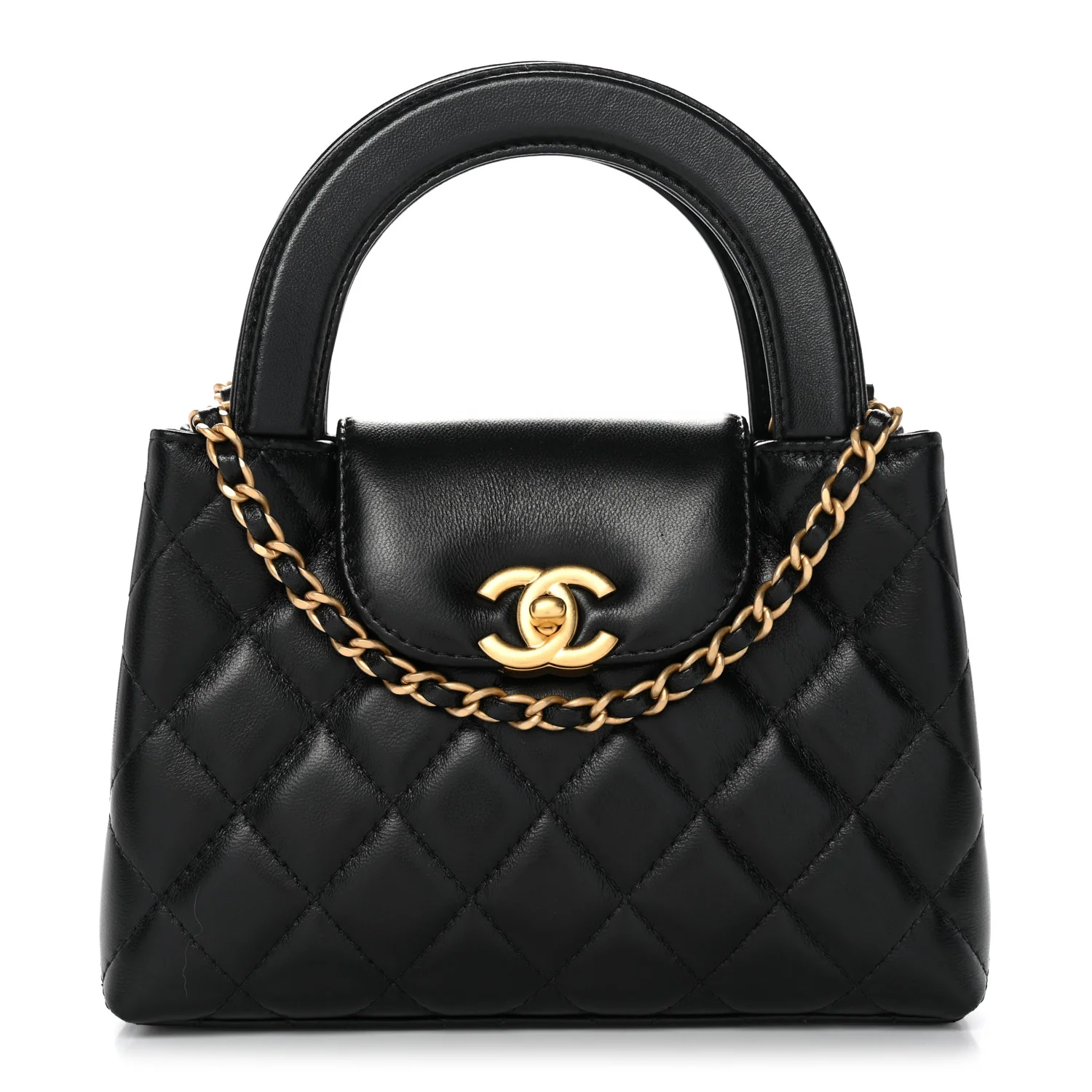 Shiny Aged Calfskin Quilted Nano Kelly Shopper Black