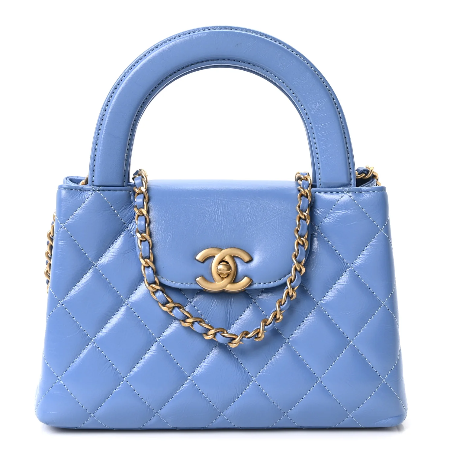 Shiny Aged Calfskin Quilted Nano Kelly Shopper Blue