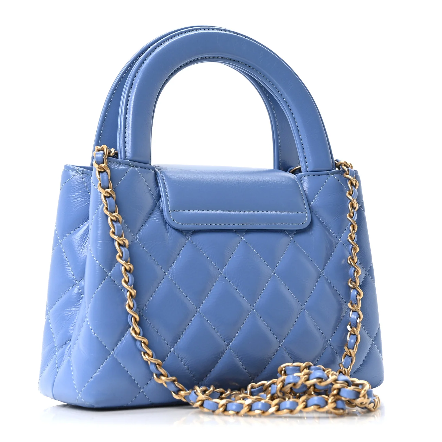 Shiny Aged Calfskin Quilted Nano Kelly Shopper Blue - Image 3