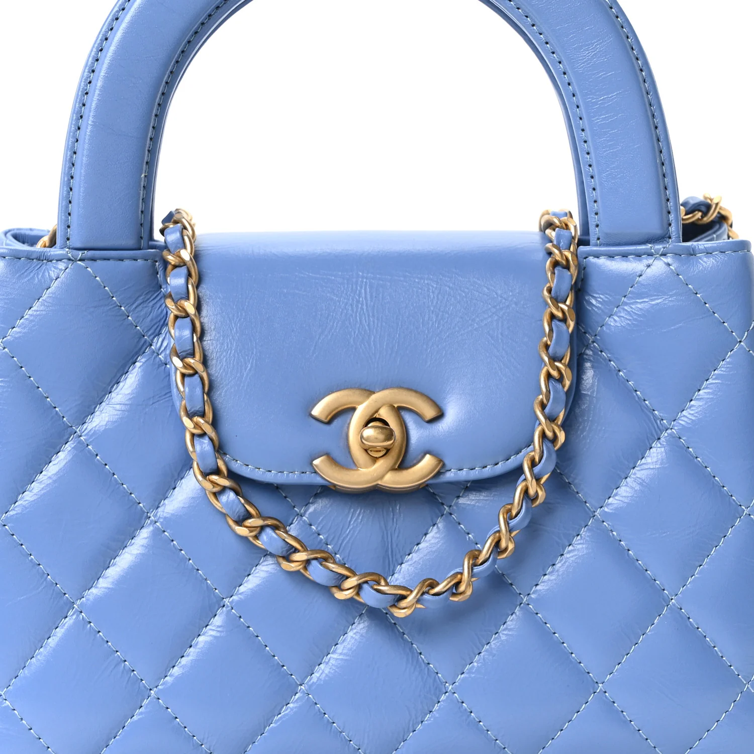 Shiny Aged Calfskin Quilted Nano Kelly Shopper Blue - Image 8